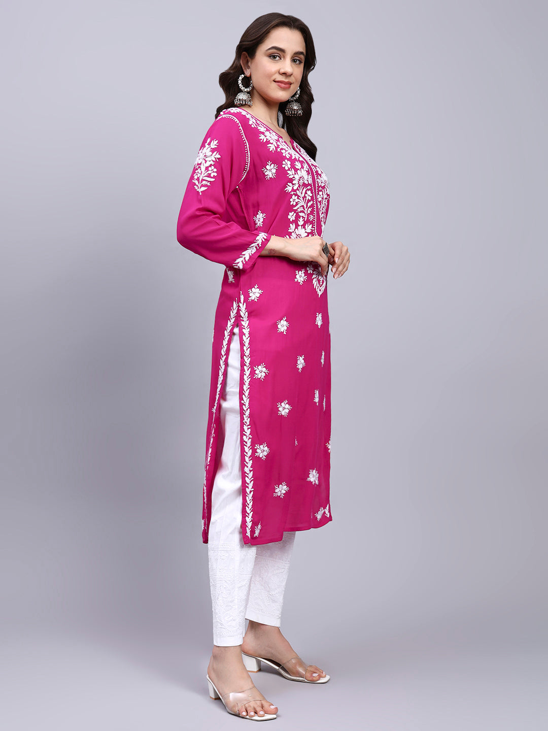 Women Hand Embroidered Chikankari Modal Kurta-AL4059 Magenta