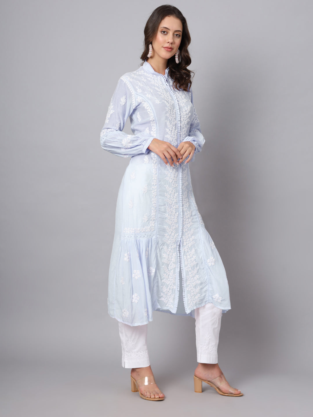 Women Hand Embroidered Chikankari Muslin Kurta-AL3888 Blue