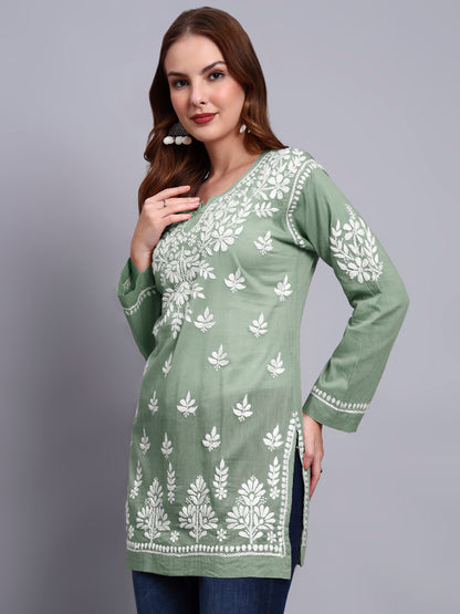 Women Hand Embroidered Chikankari Mulmul Short Top -AL3724 Green