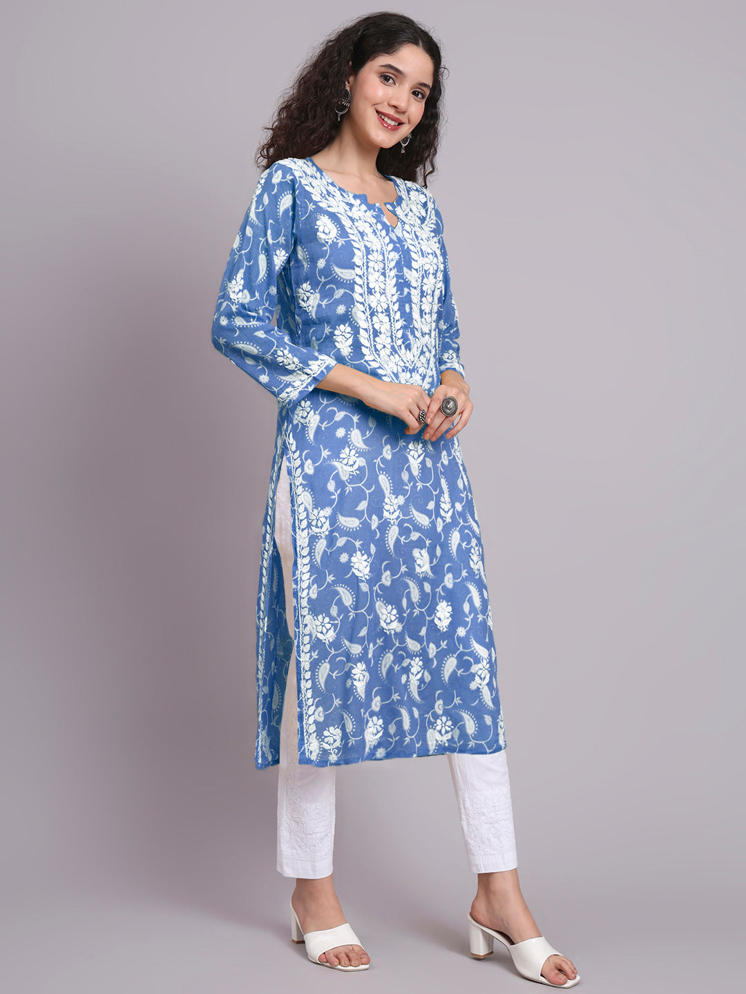 Women Hand Embroidered Chikankari Mul Printed Cotton Kurta-AL4072 Denim