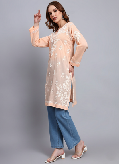 Women Hand Embroidered Chikankari Cotton Kurti -AL3685 Peach