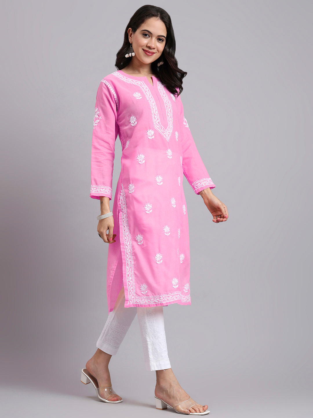 Women Hand Embroidered Chikankari Cotton Kurta-AL3999 Pink