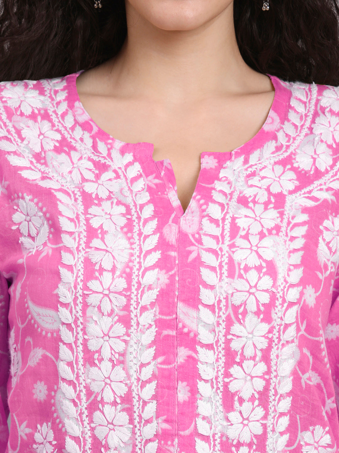 Women Hand Embroidered Chikankari Mul Printed Cotton Kurta-AL4072 Pink
