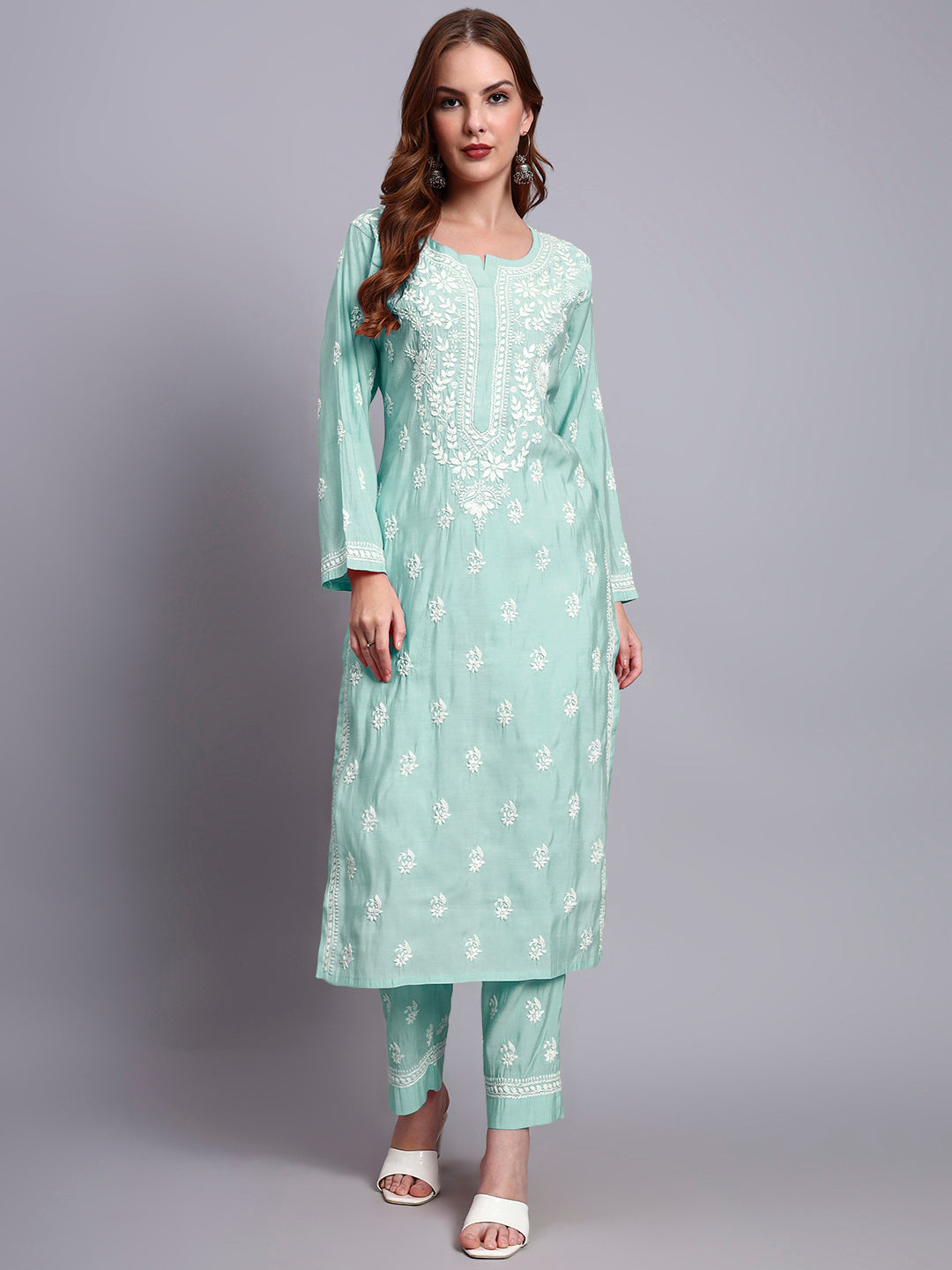 Women Hand Embroidered Chikankari Chanderi Kurta Set-AL4089KS Sea Green
