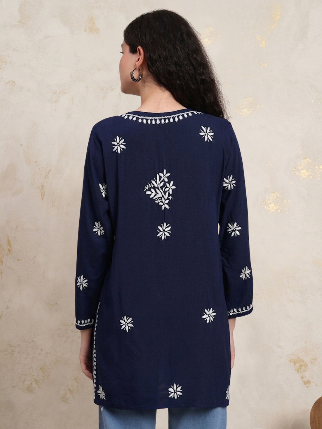 Women Chikankari Hand Embroidered Rayon Kurti -AL4071 Darknavy