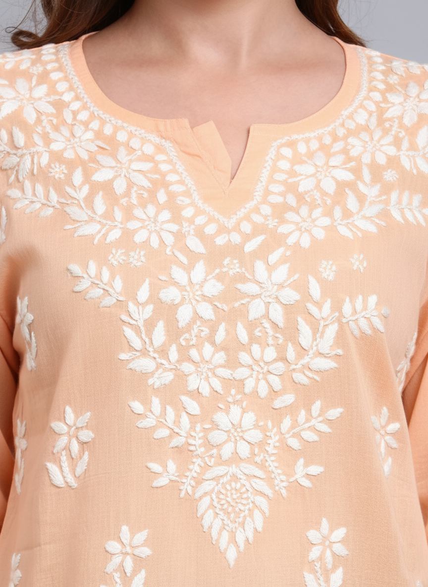 Women Hand Embroidered Chikankari Cotton Kurti -AL3685 Peach