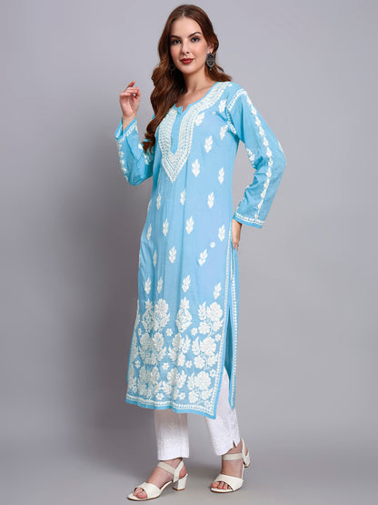 Women Hand Embroidered Chikankari Mulmul Kurti -AL3723 Blue