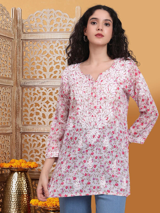 Women Hand Embroidered Chikankari Printed Cotton Kurti-AL4073 Pink