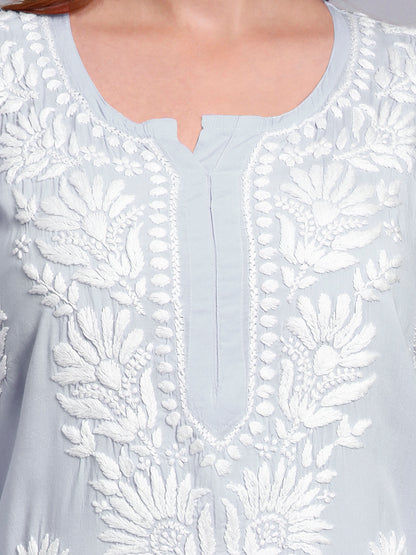 Hand Embroidered Chikankari Modal Straight Kurta-AL3683 Teal