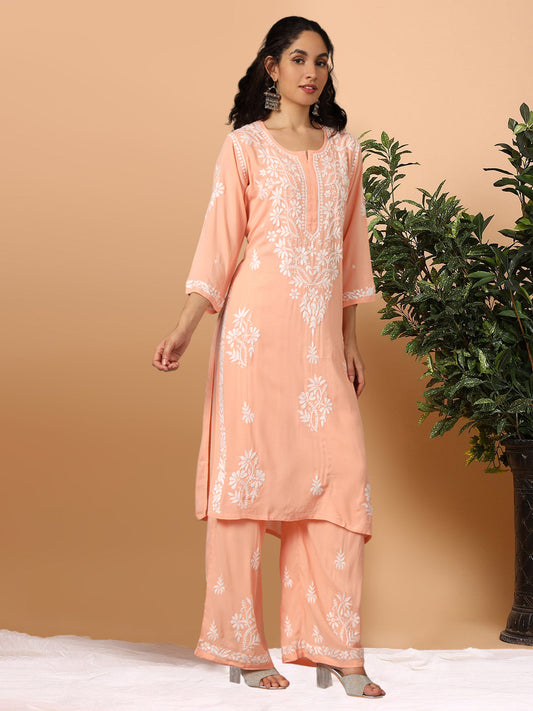 Women Hand Embroidered Chikankari Modal Kurta Set-AL3600KS Peach