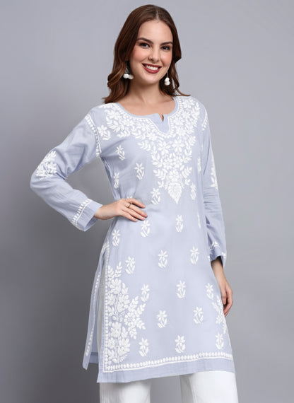 Women Hand Embroidered Chikankari Cotton Kurti -AL3685 Lavender