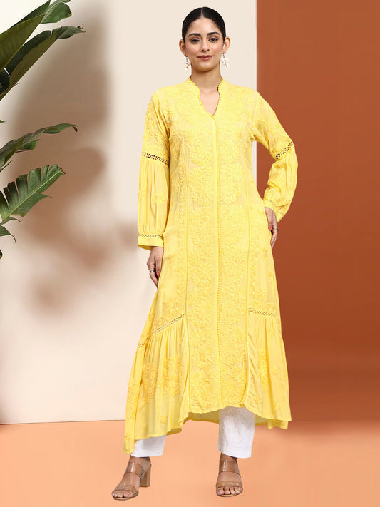 Hand Embroidered Chikankari Muslin Kurta-AL4100 Yellow