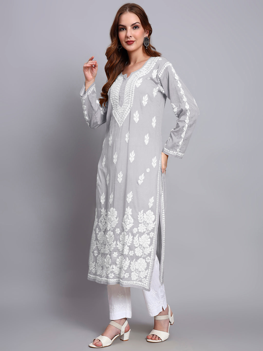 Women Hand Embroidered Chikankari Mulmul Kurti -AL3723 Grey