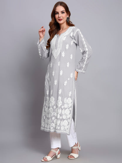 Women Hand Embroidered Chikankari Mulmul Kurti -AL3723 Grey