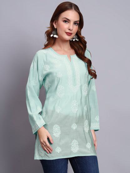 Women Hand Embroidered Chikankari Chanderi Short Kurti-AL4090 Sea Green
