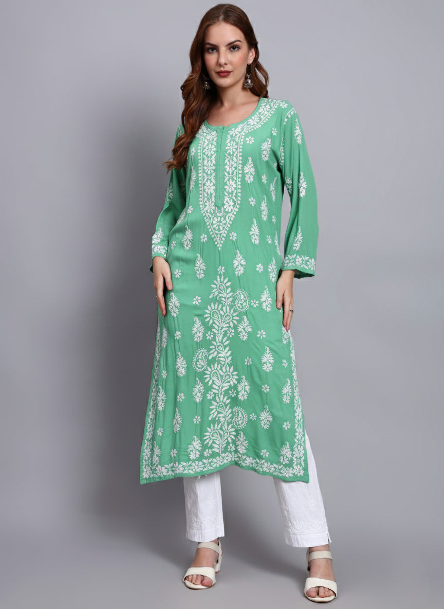 Women Hand Embroidered Chikankari Modal Straight Kurta-AL4042 Mint