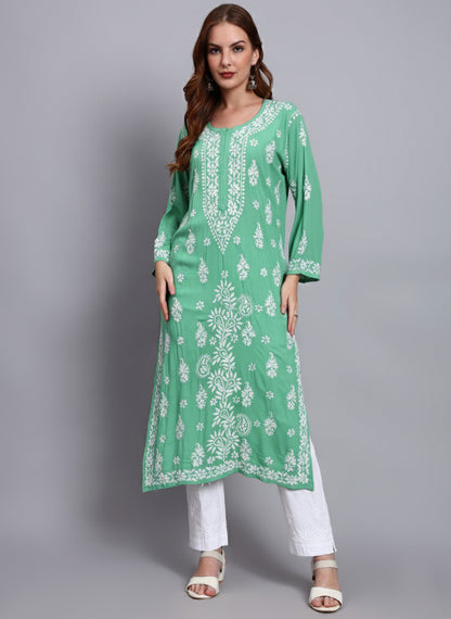 Women Hand Embroidered Chikankari Modal Straight Kurta-AL4042 Mint