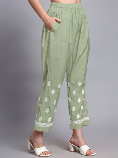 Women Hand Embroidered Chikankari Chanderi Kurta Set-AL4089KS Green