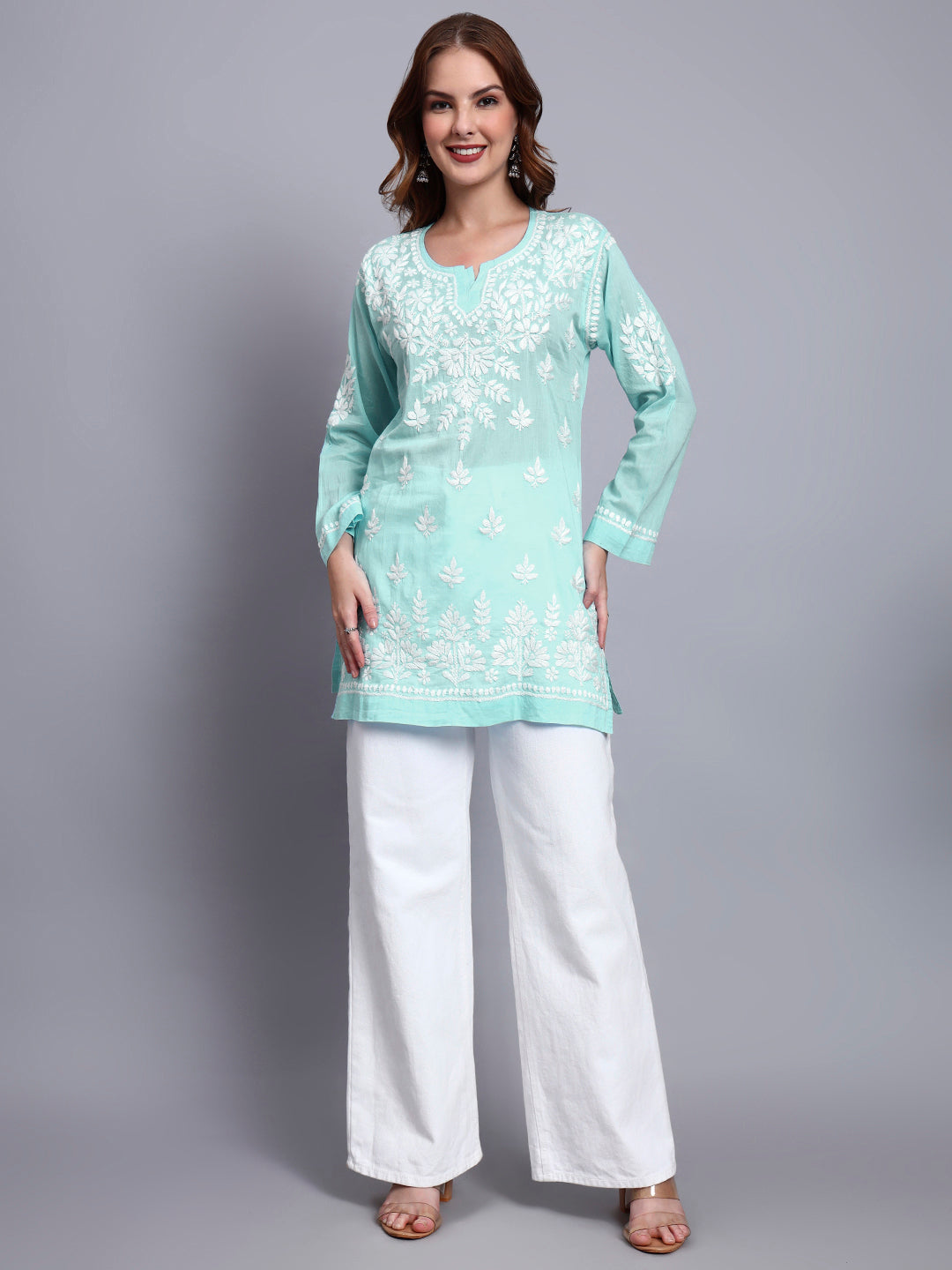 Women Hand Embroidered Chikankari Mulmul Short Top -AL3724 Seagreen