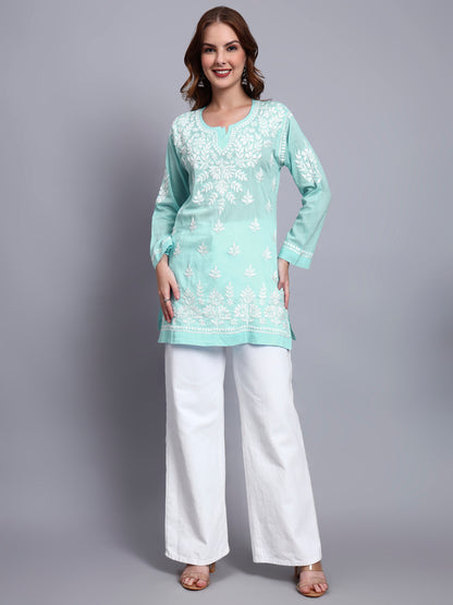 Women Hand Embroidered Chikankari Mulmul Short Top -AL3724 Seagreen