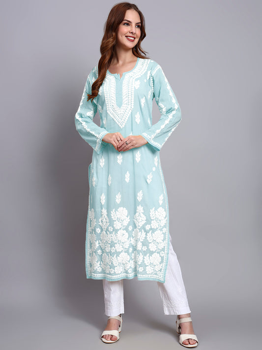 Women Hand Embroidered Chikankari Mulmul Kurti -AL3723 Seagreen
