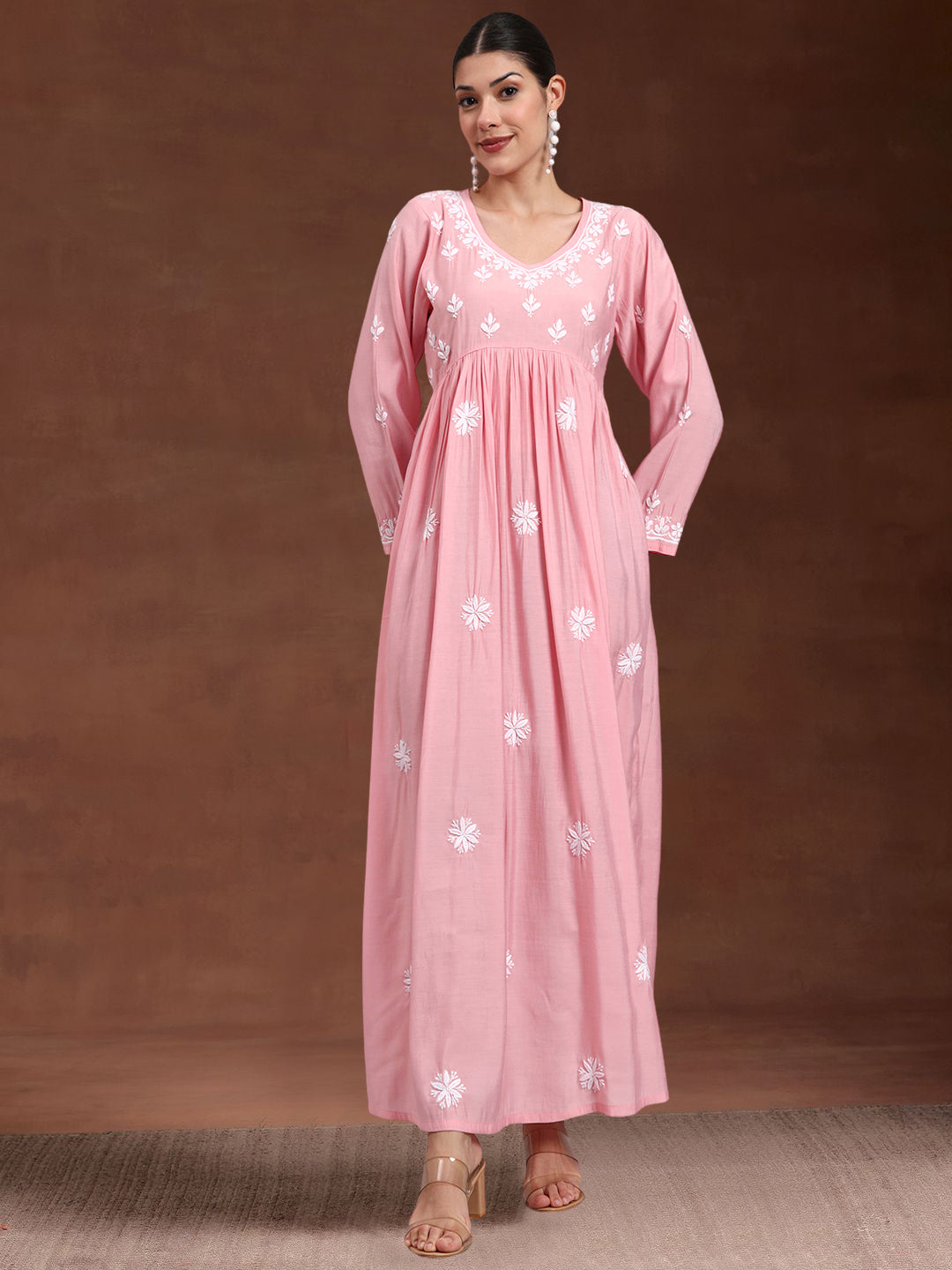 Hand Embroidered Chikankari Chanderi Jalabiya-AL4087 Pink