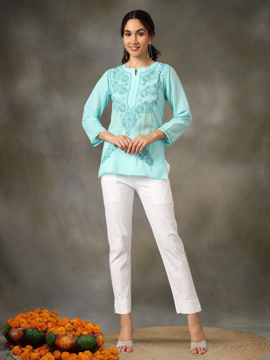 Hand Embroidered Chikankari Cotton Straight Short Kurti-AL3405 Seagreen