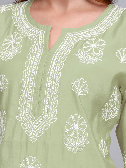 Women Hand Embroidered Chikankari Chanderi Short Kurti-AL4090 Green