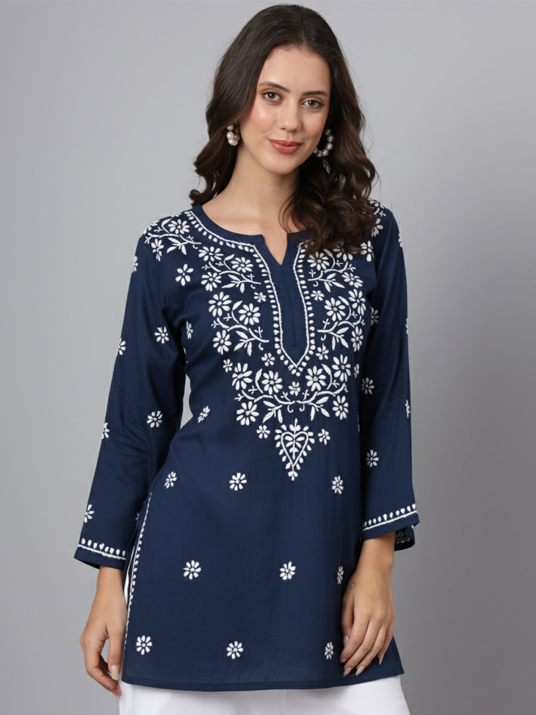 Women Hand Embroidered Modal Chikankari Kurti-AL3611 Navy