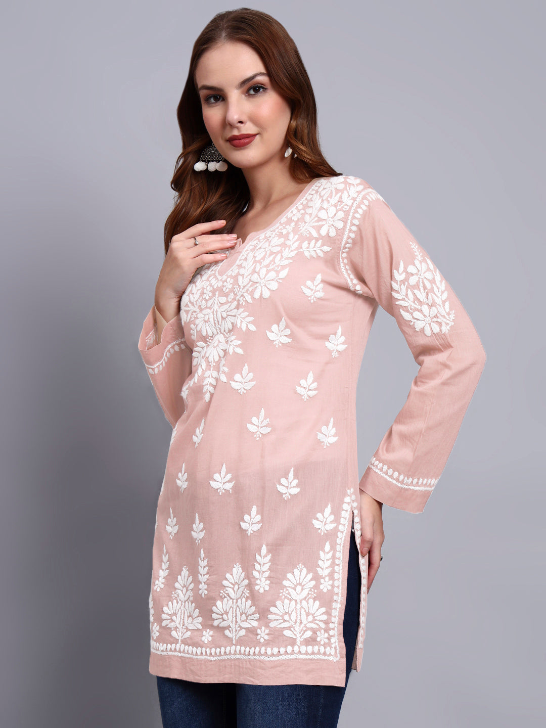 Women Hand Embroidered Chikankari Mulmul Short Top -AL3724 Peach