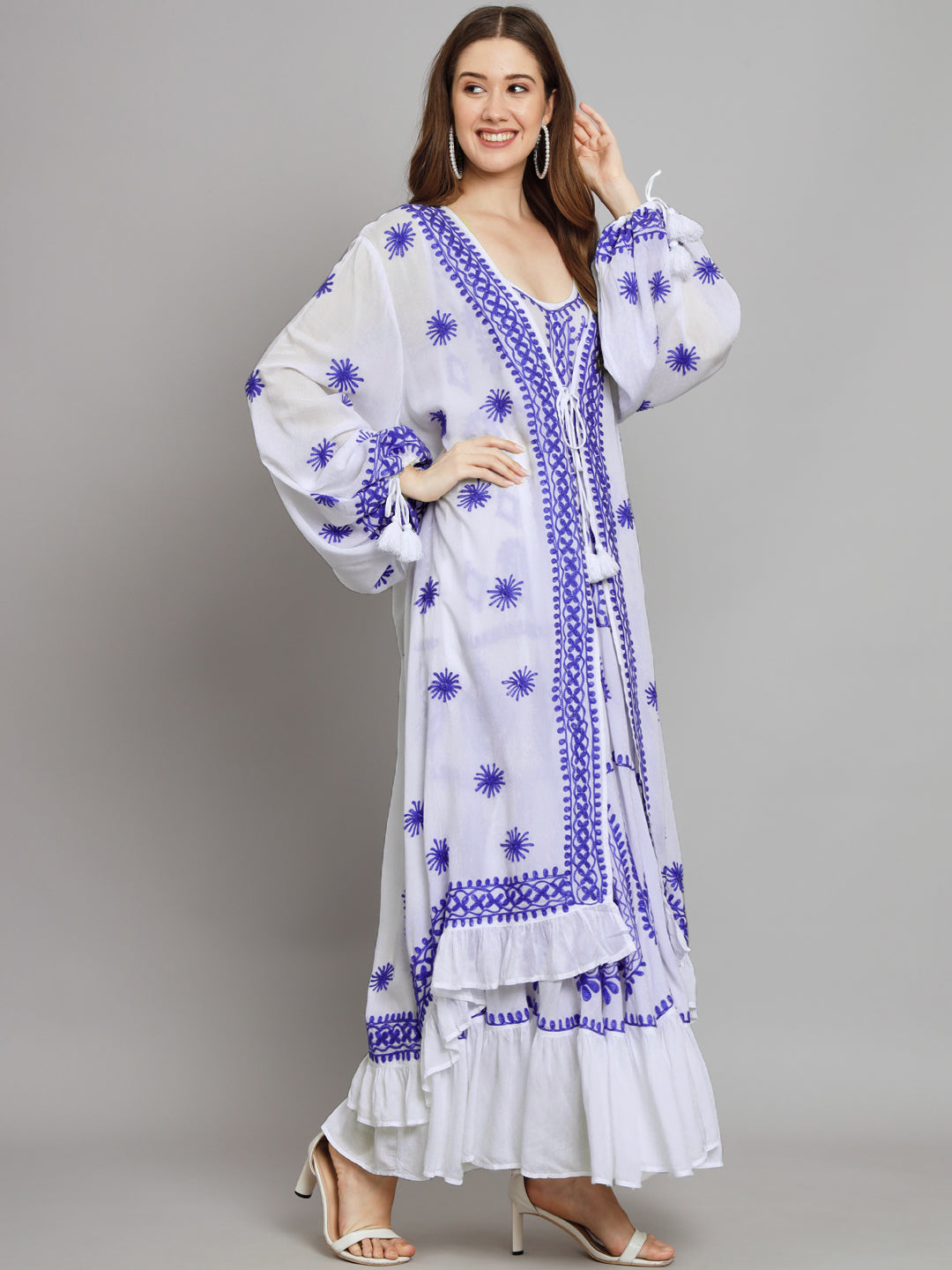 Hand Embroidered Chikankari Modal Kaftan-AL3605B White&Navy