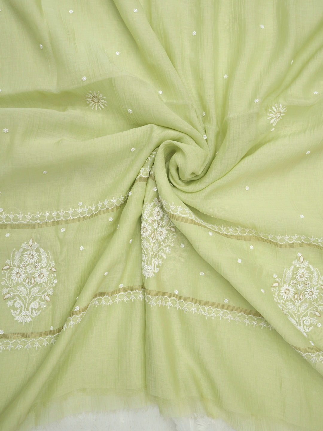 Women Hand Embroidered Premium Chikankari Mul Chanderi Unstitched Kurta Dupatta Bottom Set-ALSCA85201FS Mint