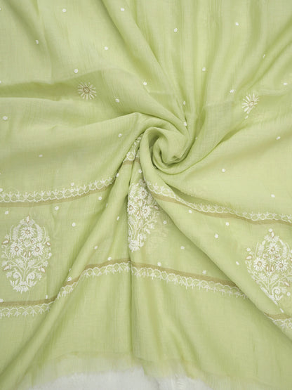 Women Hand Embroidered Premium Chikankari Mul Chanderi Unstitched Kurta Dupatta Bottom Set-ALSCA85201FS Mint