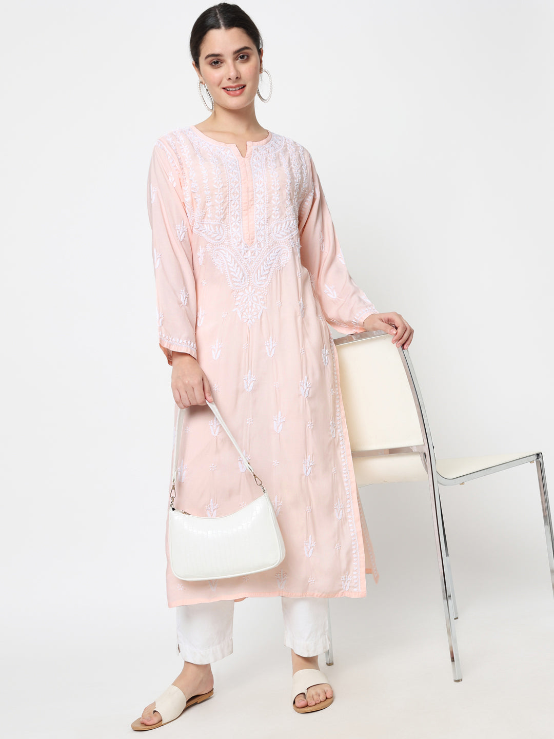 Women Hand Embroidered Chikankari Modal Kurta-AL3584 Peach