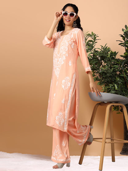 Women Hand Embroidered Chikankari Modal Kurta Set-AL3600KS Peach