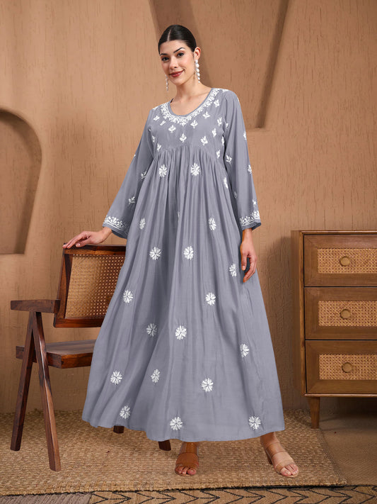 Hand Embroidered Chikankari Chanderi Jalabiya-AL4087 Grey