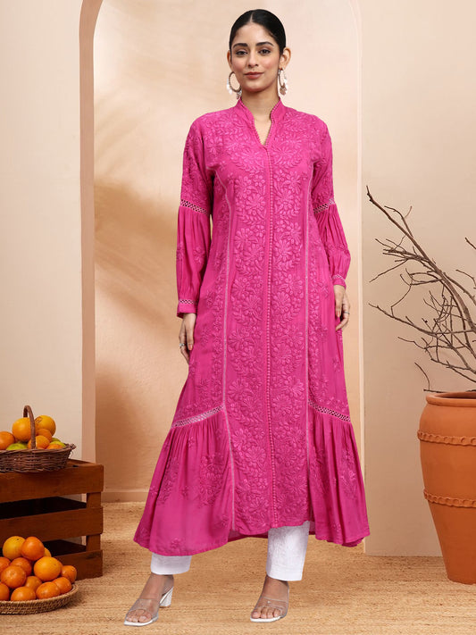 Hand Embroidered Chikankari Muslin Kurta-AL4100 Magenta