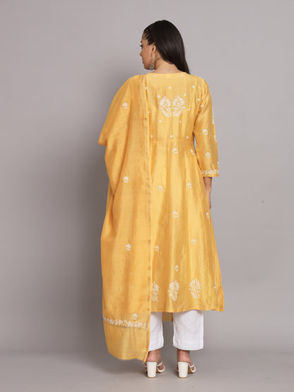 Hand embroidered Chikankari Chanderi Cotton Kurta Set and Dupatta with Mukaish AL3665KS