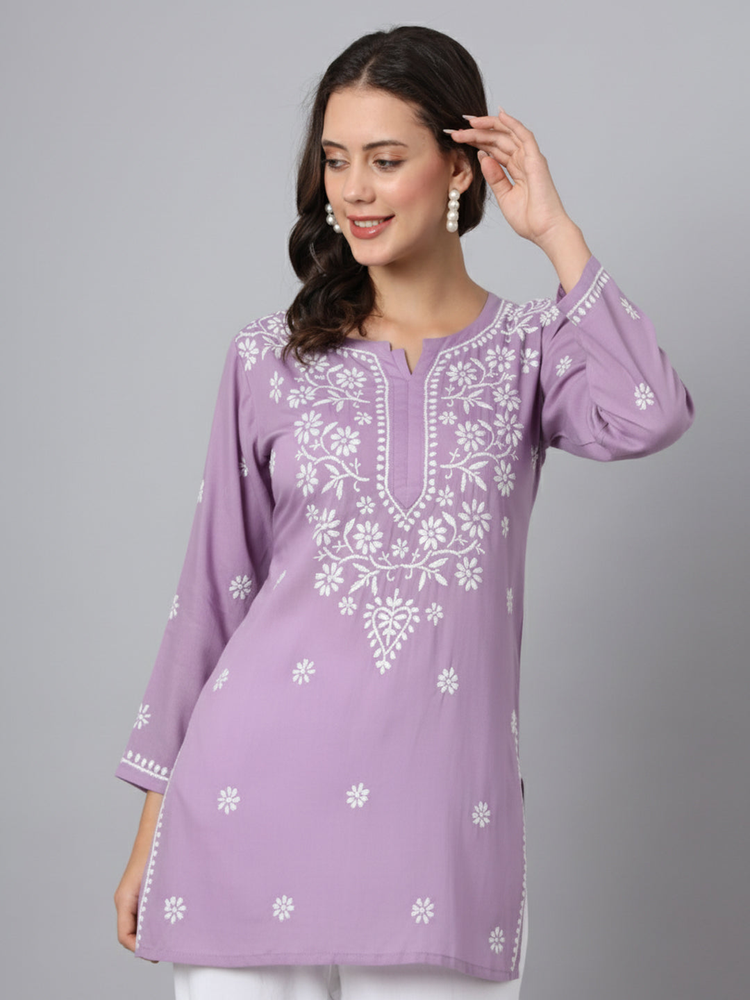 Women Hand Embroidered Modal Chikankari Kurti-AL3611 Lavender
