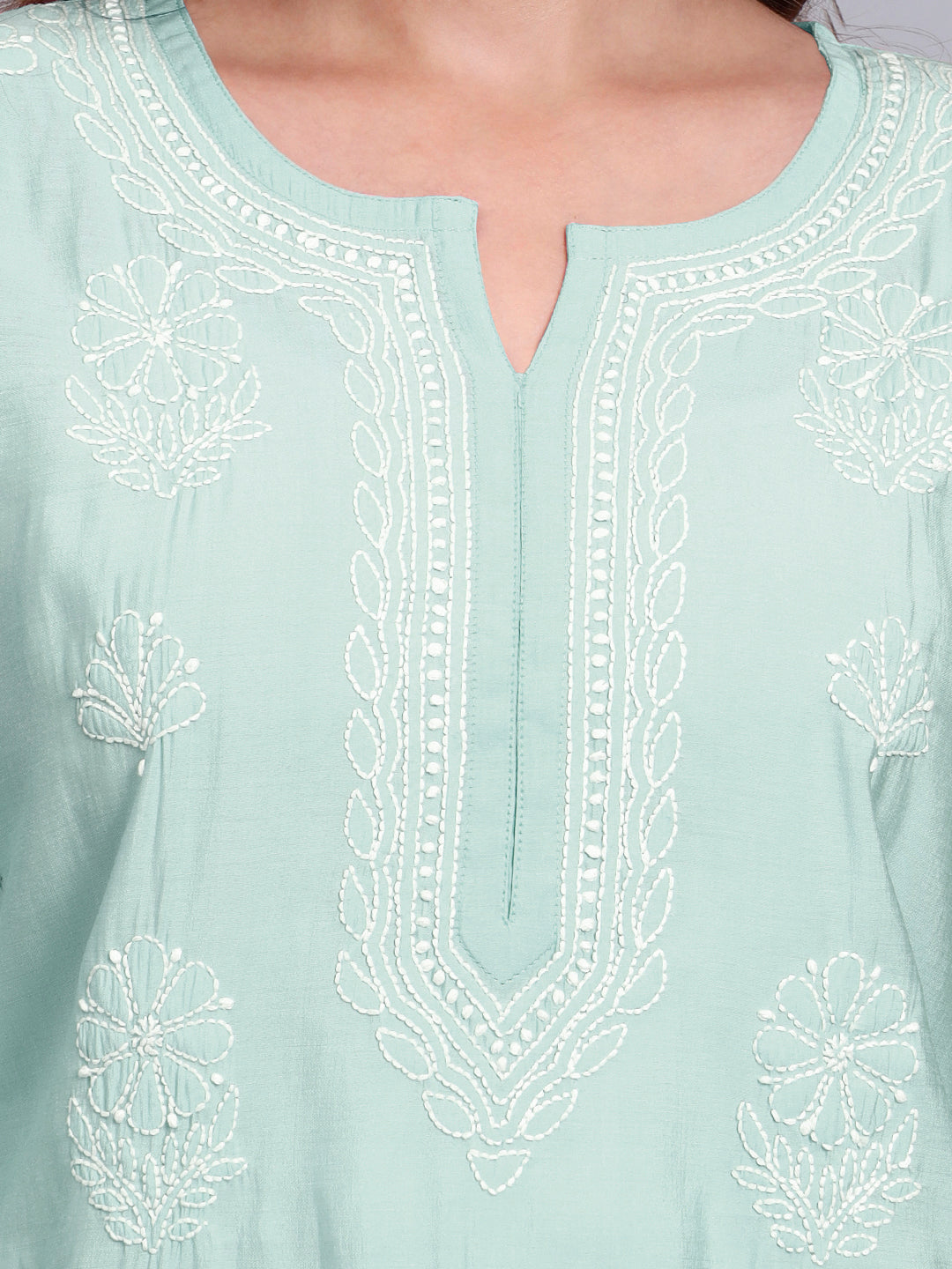 Women Hand Embroidered Chikankari Chanderi Short Kurti-AL4090 Sea Green