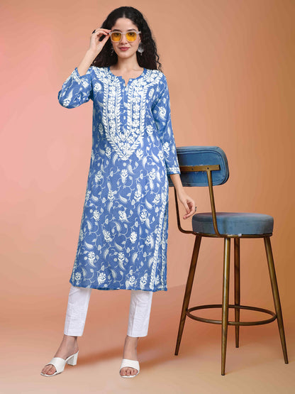 Women Hand Embroidered Chikankari Mul Printed Cotton Kurta-AL4072 Denim