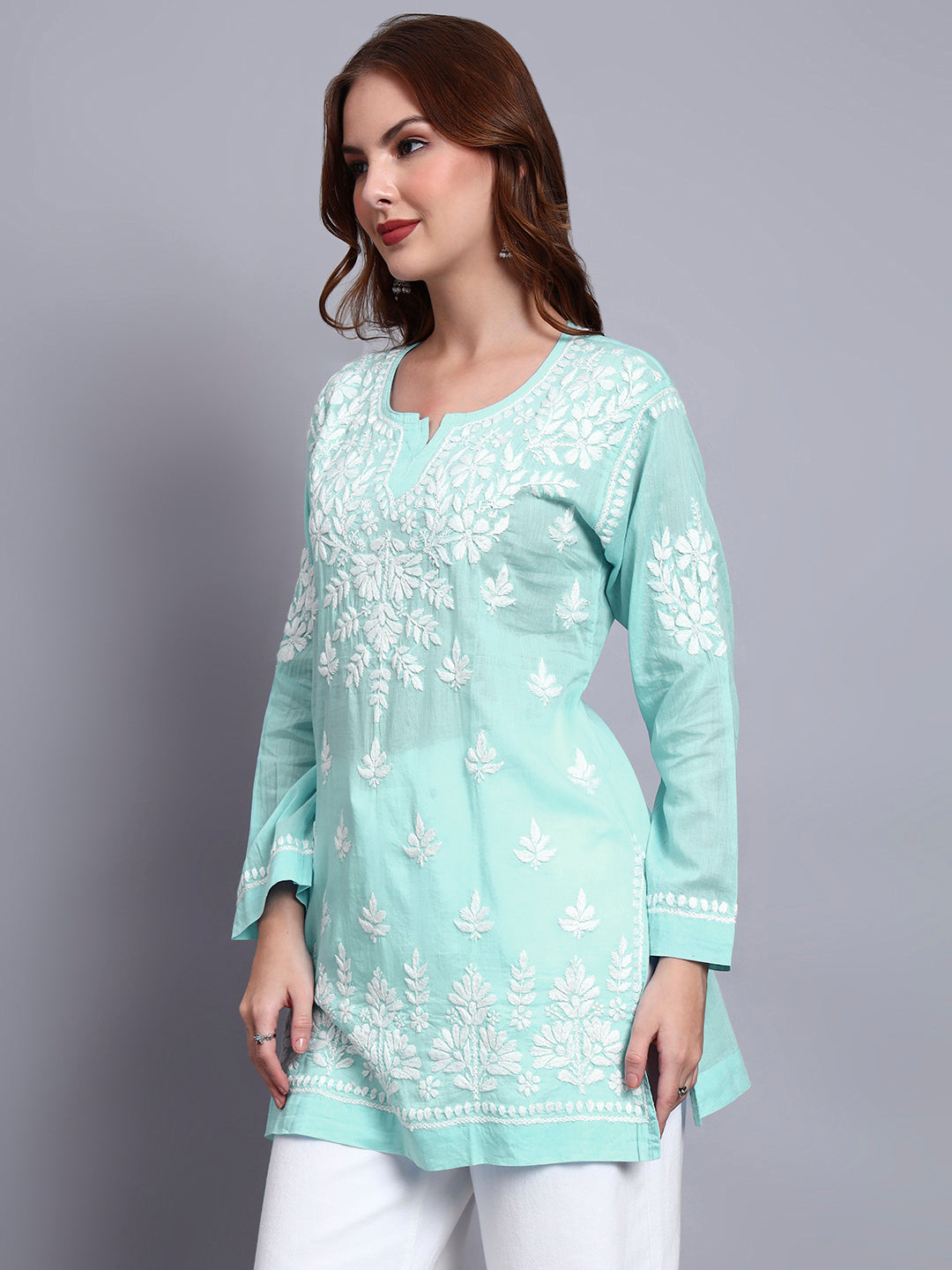 Women Hand Embroidered Chikankari Mulmul Short Top -AL3724 Seagreen