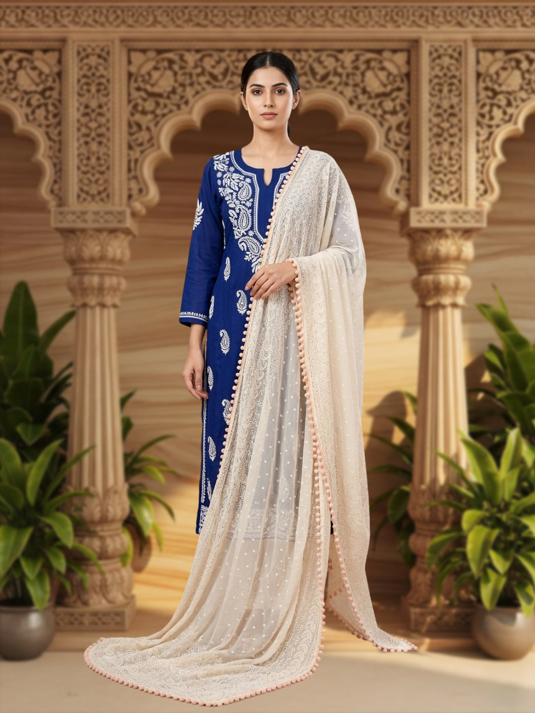 Women Embroidered Georgette Dupatta -AL3721 Peach