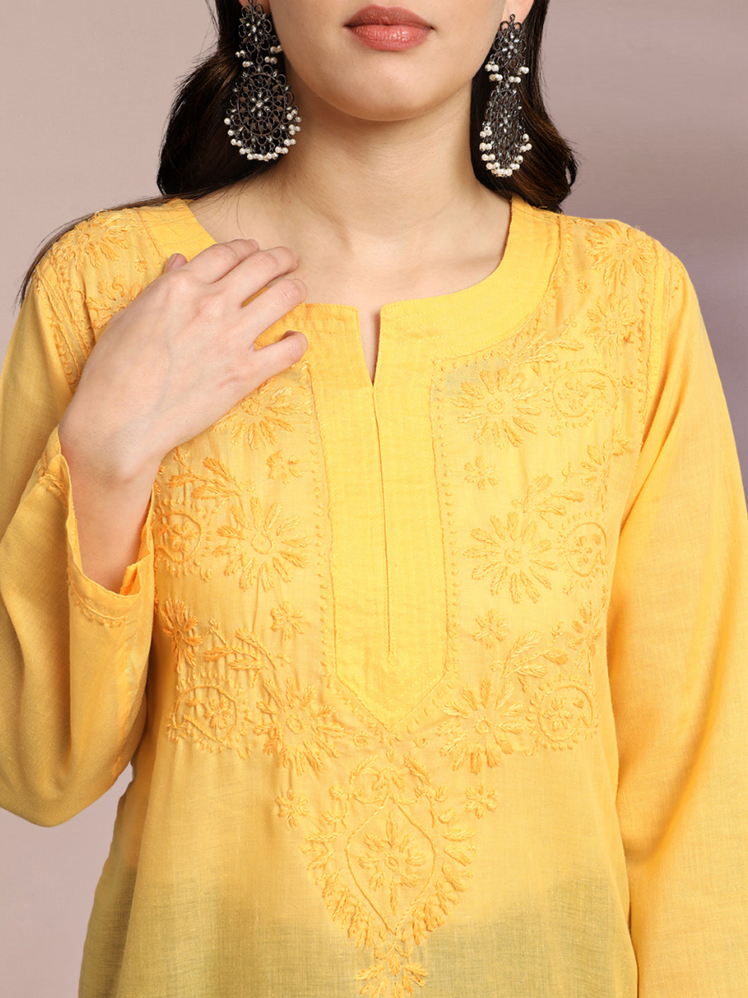 Hand Embroidered Chikankari Cotton Straight Kurti-AL3405 Yellow