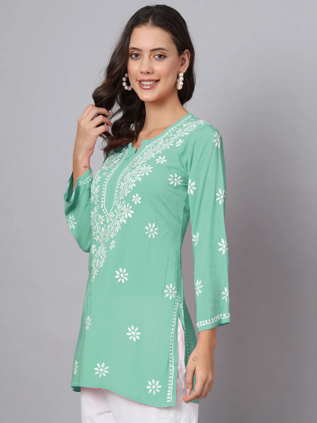Women Hand Embroidered Chikankari Modal Kurti-AL3611 Dark SeaGreen