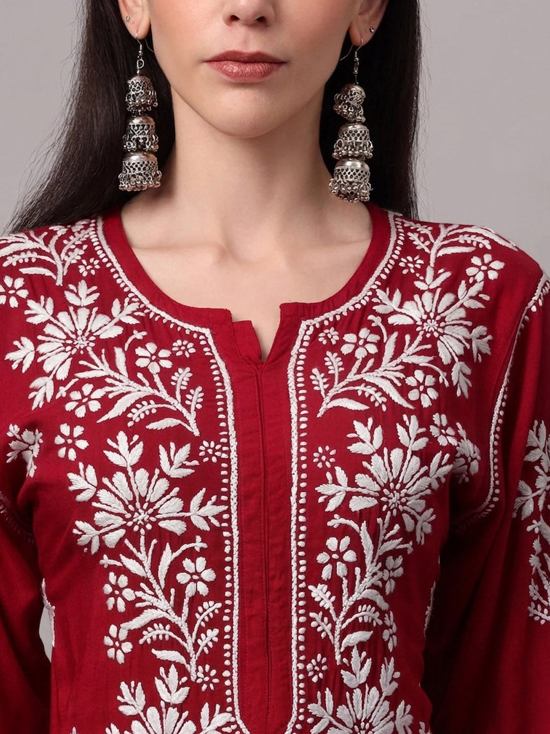 Women Hand Embroidered Modal Chikankari Kurta-AL4059 Red