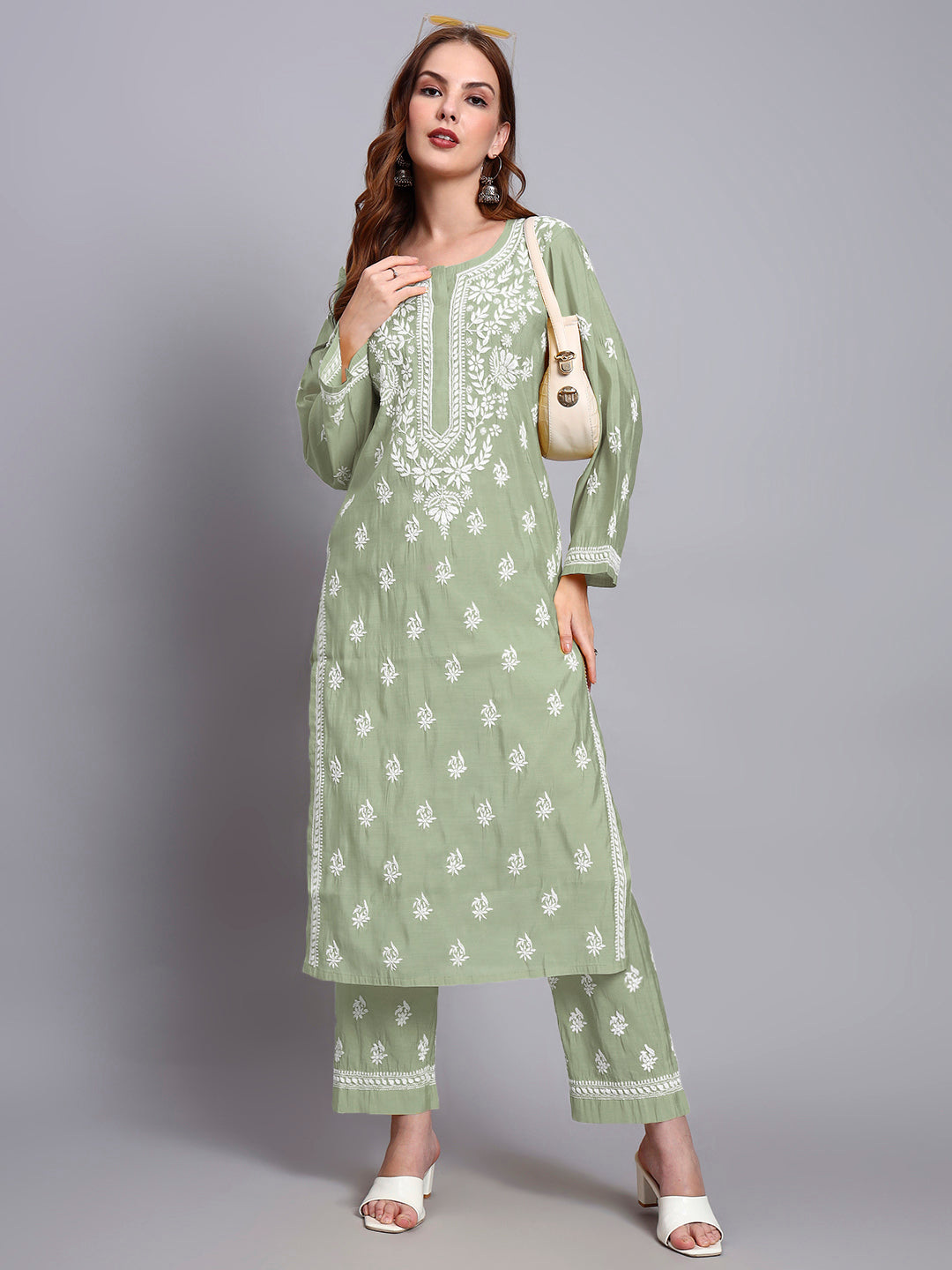 Women Hand Embroidered Chikankari Chanderi Kurta Set-AL4089KS Green