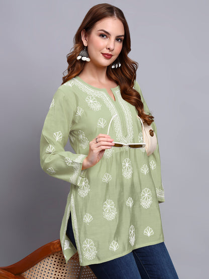Women Hand Embroidered Chikankari Chanderi Short Kurti-AL4090 Green