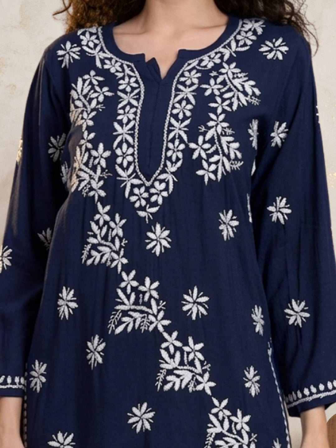 Women Chikankari Hand Embroidered Rayon Kurti -AL4071 Darknavy