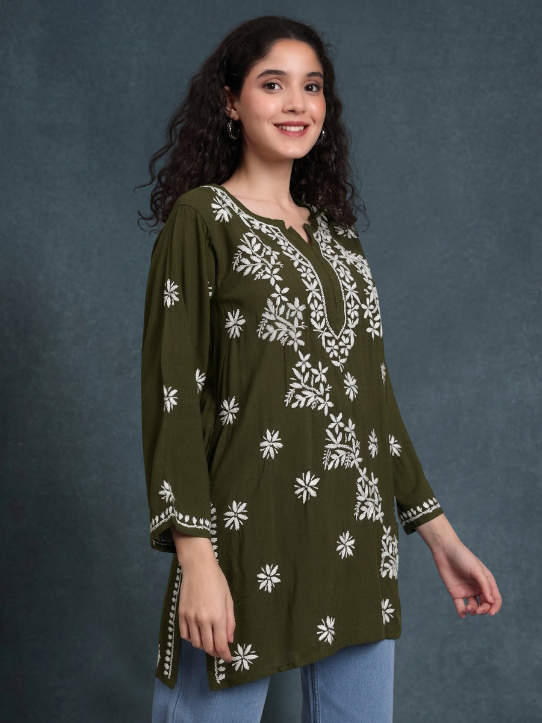 Women Chikankari Hand Embroidered Rayon Kurti -AL4071 Olive